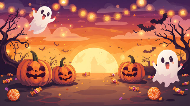 Spooky halloween scene with jack o lanterns and friendly ghosts at sunset