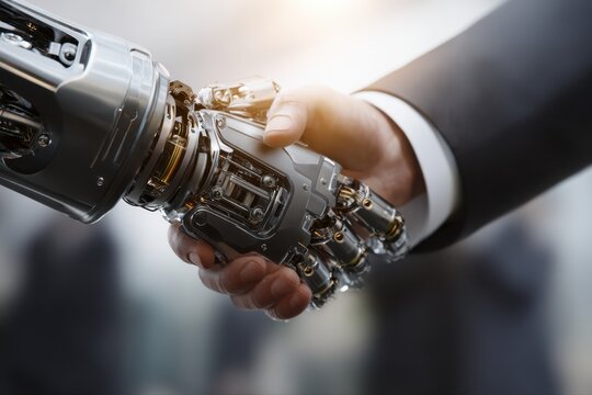 A futuristic concept of trust and collaboration between a human and a robot, symbolized by a digital handshake. A person is seen holding a camera in their hand, ready to capture the moment.