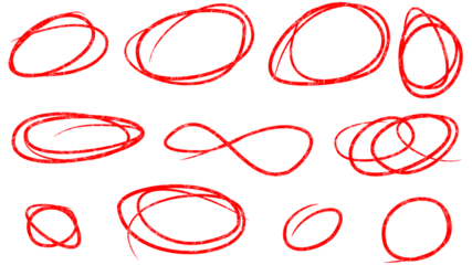 A collection of hand-drawn red oval shapes and scribbles on a white background.
