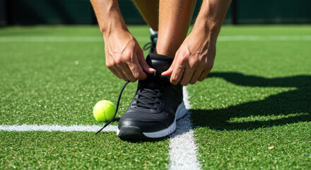 Obraz premium A person ties the laces of a sport shoe on a bright green field with a tennis ball.