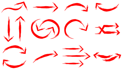 Collection of hand-drawn red brushstroke arrows pointing in various directions, isolated on white background.
