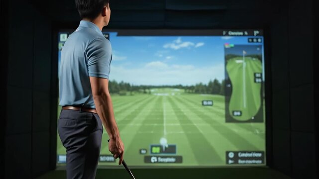 Man playing golf on a simulator, practicing his swing and improving his game indoors.