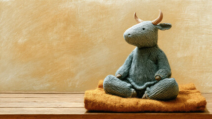 Soft plush bull seated on folded blanket in calm studio scene expressing peaceful comfort