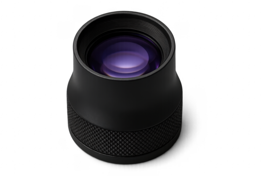 Camera lens with purple reflection on transparent background