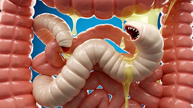 Intestine with parasitic worms and yellow fluid medical illustration with blue background