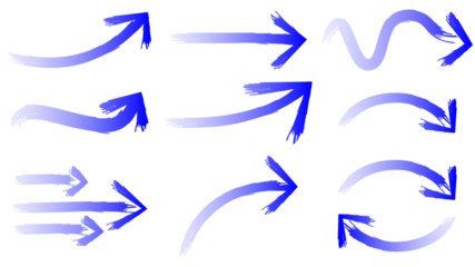 A collection of nine hand-drawn blue arrows with a brushstroke texture, showing various directions and shapes on a white background.
