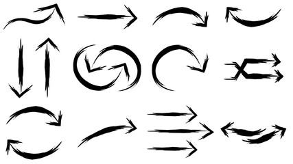 A collection of hand-drawn brush stroke arrows in various directions and styles, isolated on a white background.