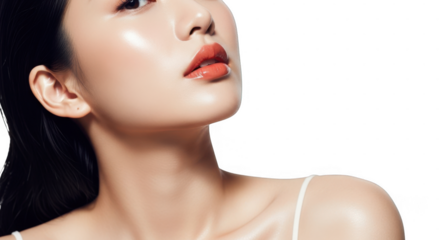 Beautiful woman with glowing skin and orange lipstick isolated on transparent background