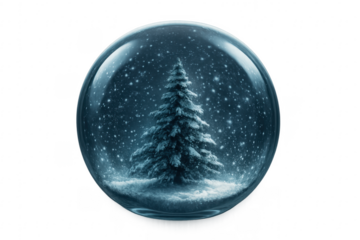 Snow globe containing a Christmas tree and falling snow