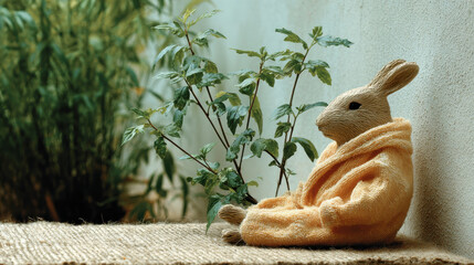 Plush rabbit in soft sweater seated beside green plant, cozy calm mood evoking comfort and gentle warmth