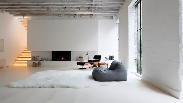 A bright, modern loft interior with a stunningly designed staircase and a comfortable seating arrangement.