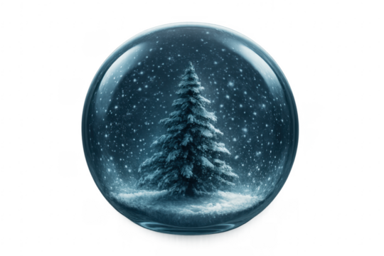 Snow globe containing a Christmas tree and falling snow