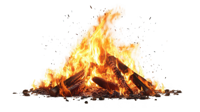A vibrant bonfire with crackling flames and charred wood on a dark background for an outdoor experience