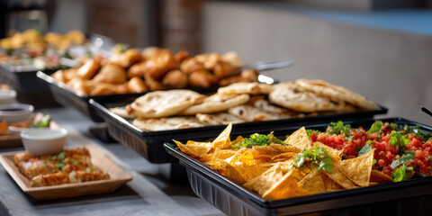 Nacho chips with salsa and naan bread on buffet table offering warm appetizers and casual catering spread, vibrant and appetizing