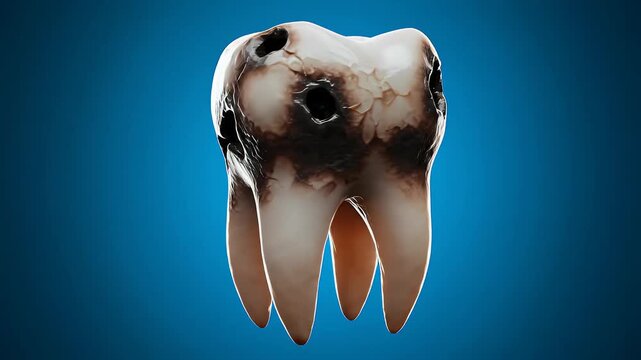Close up of a decayed tooth showing severe cavities and dark brown staining isolated on a blue background realistic 3D render