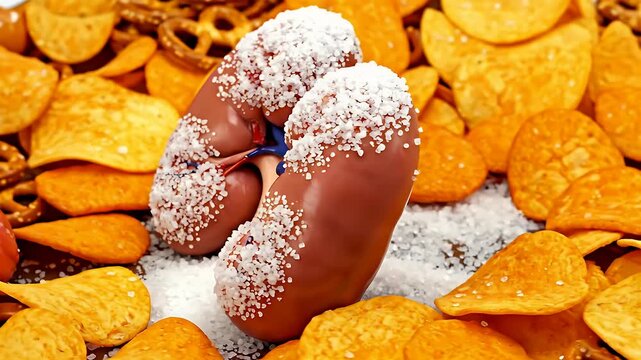 Close up of kidneys covered in salt surrounded by junk food like chips and pretzels unhealthy diet concept