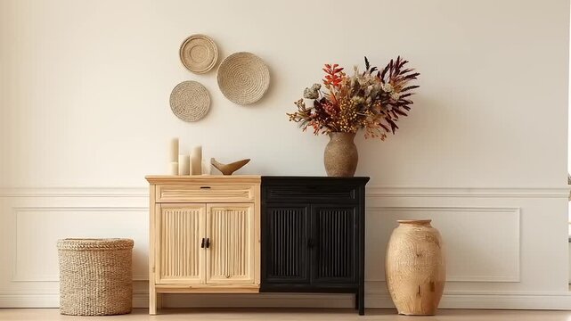 A stylish, neutral-toned living area showcases a wooden cabinet, decorative baskets, and a vibrant dried flower arrangement.