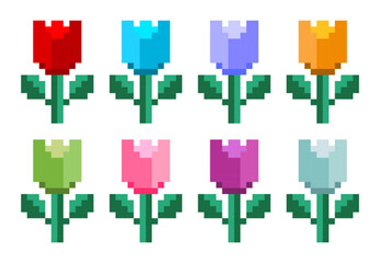 Pixel art of tulip flower set vector. Pixelated flower vector for video games icon.	