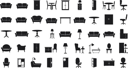 Collection of black furniture icons on white background sofa chair