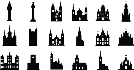 Collection of black silhouette church and tower building icons architecture