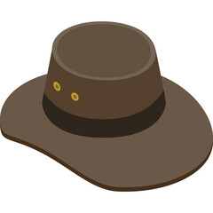 Brown wide brim hat with dark band and brass eyelets isolated on transparent background