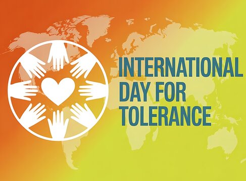 Illustration of international day for tolerance with hands around heart and world map on orange background