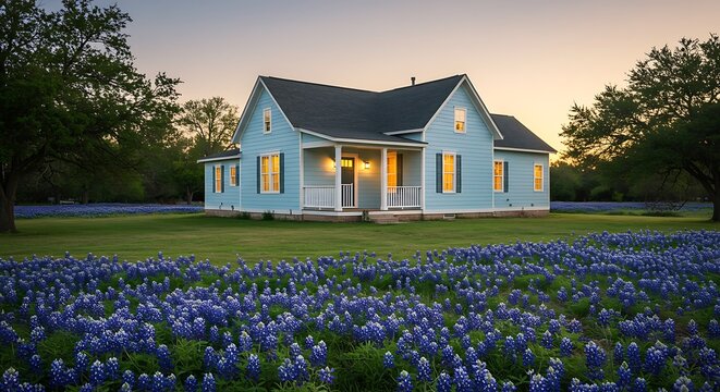 Charming Light Blue Farmhouse Surrounded by a Field of Bluebonnets at Dusk.
