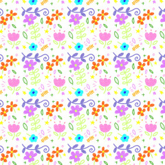 seamless pattern featuring colorful hand-drawn flowers and leaves on a black background. The design includes bright pink tulips, purple blossoms, orange daisies