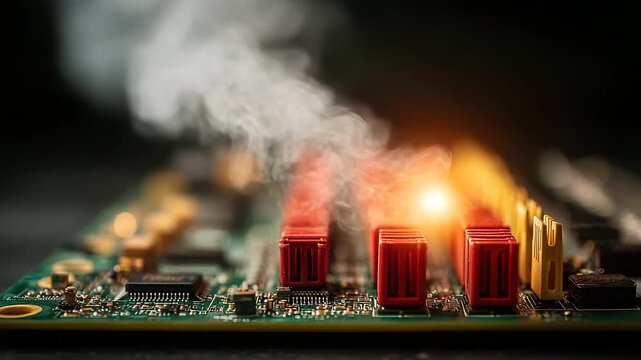 Overheated circuit board with smoke rising creating a sense of danger and technological failure making it ideal for illustrating tech problems