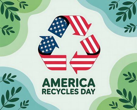 Illustration of america recycles day with recycle symbol and american flag pattern on green background