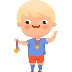 Blonde Haired Boy Wearing Blue T Shirt and Red Shorts Holding Gold Medals Waving Hand Happy Expression Transparent Background