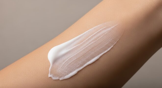 Closeup of white cream being applied to a persons arm, showcasing texture and skin care