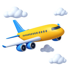 Naklejka premium Yellow plane flying amidst fluffy clouds, 3D rendered