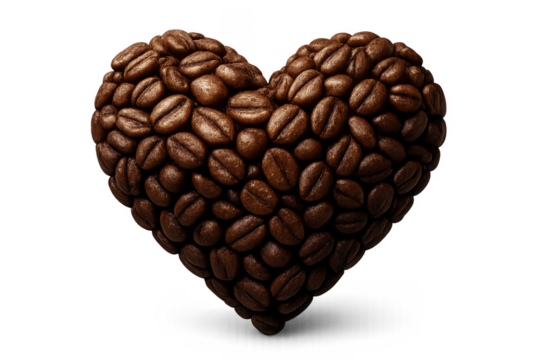 Coffee beans forming heart shape on transparent background