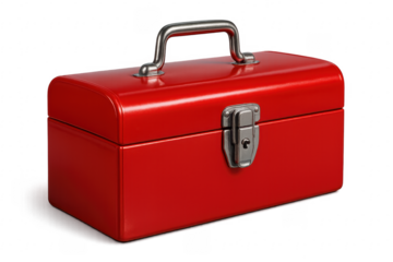 Red metal toolbox with handle and latches