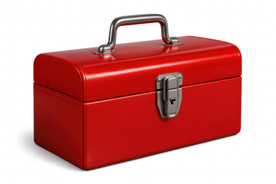 Red metal toolbox with handle and latches