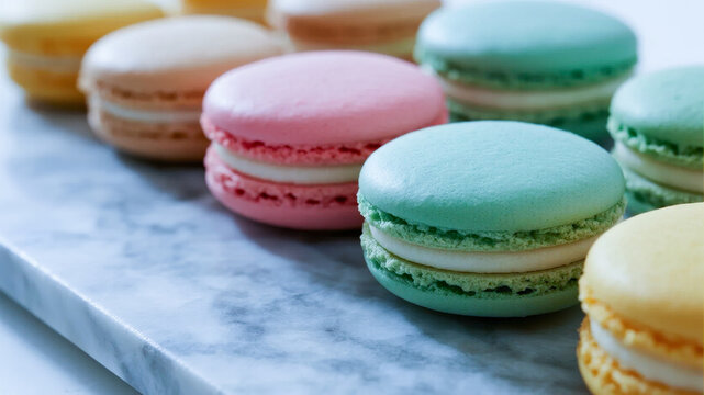 Colorful macarons arranged on a marble surface