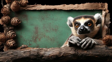 Obraz premium Curious lemur peering over rustic frame