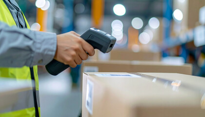 Logistics Worker Scanning Barcode on Box in Modern Warehouse