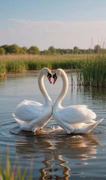 Bei cigni che con il collo formano il cuore in un bel momento di luce.