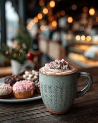 Close-up view of a steaming peppermint mocha with soft focus background and Christmas bokeh lights