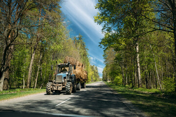 Tractor Is Carrying Hay On Cart. Tractor On Country Road Through Forest In Europe. Asphalt Road...