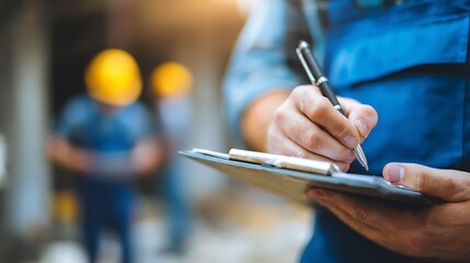 Construction inspector writing on a clipboard at a building site