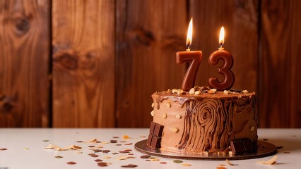 Chocolate and nut 73rd birthday cake against a wooden background.