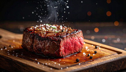 Juicy Medium-Rare Grilled Beef Steak on Wooden Board