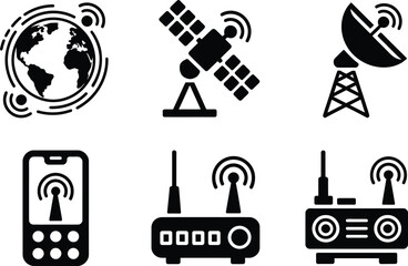 Fototapeta premium Communication Technology Icons: Globe, Satellite, Tower, Phone, Routers