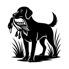 Hunting Dog with Duck Vector Illustration – Black and White Retriever Carrying Bird for Wildlife and Outdoor Design