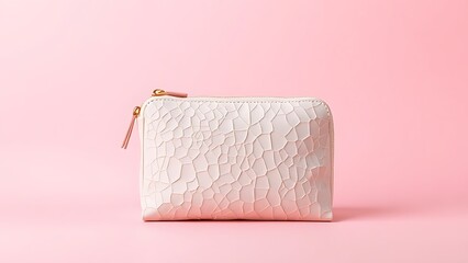 Fototapeta premium Elegant cosmetic bag on soft pink background, highlighting texture and design. 