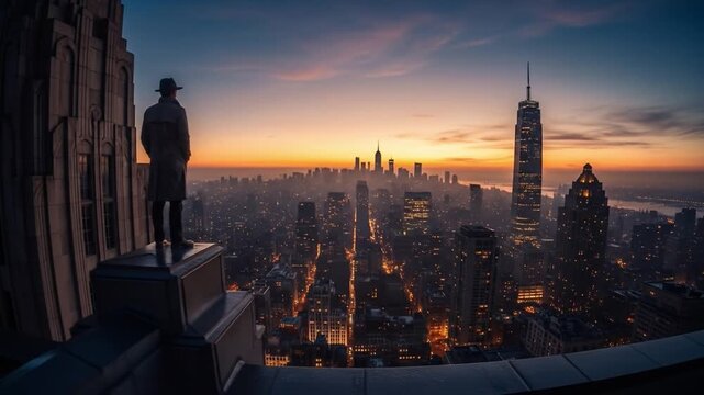 Silhouette of a man in a hat and coat on a ledge overlooking a cityscape at dusk