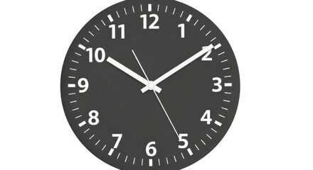 Modern black analog wall clock with white hands and numbers isolated on transparent background